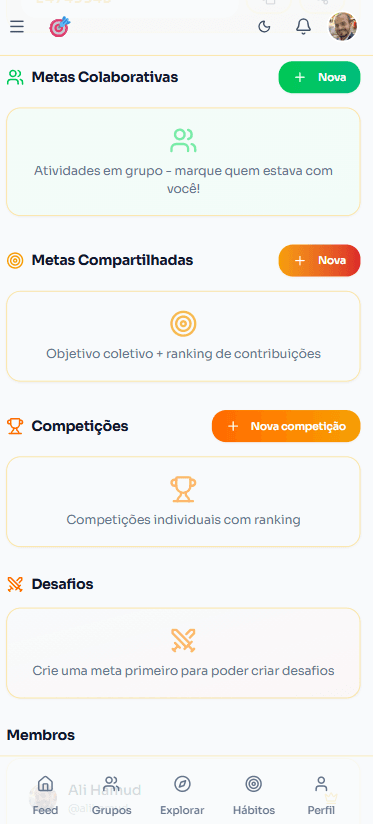 Página de grupos do app Metas da Galera