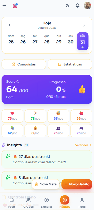 Página de hábitos do app Metas da Galera